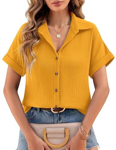 heekpek Blusas Mujer Verano Camisa Manga Corta Elegantes Camiseta con Cuello en V Casual Algodón T Shirts, Amarillo, XL