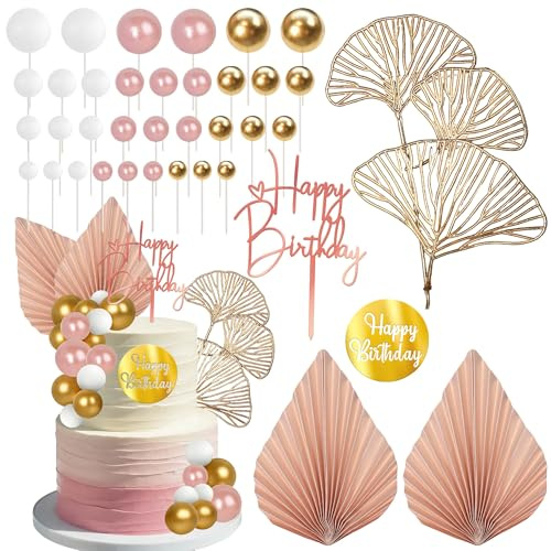 SYKYCTCY 25 Pack Happy Birthday Balls Cake Decorations Natural Boho Ball Cake Toppers Palm Fan Cake Picks for Balls Themed Baby Shower Kids Boys Girls Birthday Theme Party Supplie