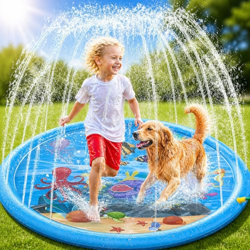 Splash Pad, 170CM Sprinkler Wasser Spielmatte, rutschfest Sprinklermatte für Kinder und Hunde, Wasserspielzeug für Garten Outdoor Sommer