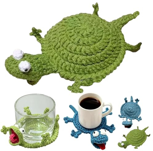 Lustige gehäkelte Untersetzer,3D DIY Tier-Tassenuntersetzer,Niedliche Amigurumi-Tierfiguren, Dekorative Strick-Tassenuntersetzer für Küche und Haushalt, Bastelbedarf,Tischdekoration (Green)