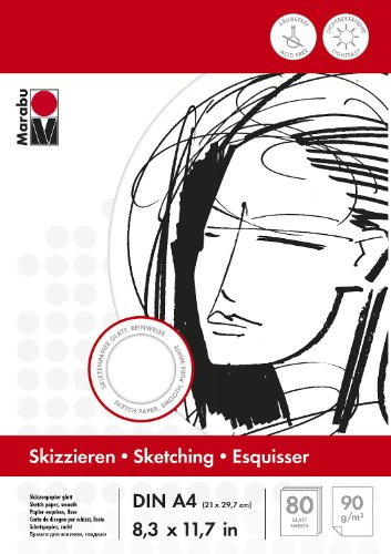 Marabu 1612000000044 - Malblock Skizze, 90 g/qm, 80 Blatt, DIN A4, reinweiß, Zeichenpapier glatt, säurefrei, lichtbeständig, alterungsbeständig, kopfseitig gebunden