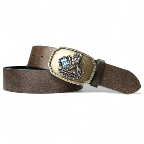 FRONHOFER Trachtengürtel Herren Ledergürtel Echtleder 4 cm, Gürtelschnalle Bayern Wappen Emaille bicolor 7,5 x 5,5 cm, Lederhosen Gürtel Druckknopf, Bundweite 95-125 cm, Made in Germany