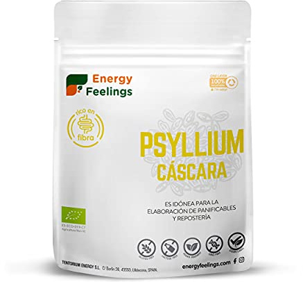 Energy Feelings Cáscara de Psyllium Husk 500g, Alto Contenido en Fibra para Estreñimiento, Sin Gluten y Sin Lactosa, Organic Psyllium, Prebiótico, Enriquece la Microbiota Intestinal