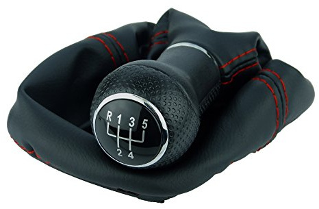 Schaltsack & Schaltknauf für VW Golf 2 3 4 Polo 6N für Passat 35i - 5 Gang - Schwarz - Rot - Chrom - Schaltmanschette Schalthebel Manschette für Schaltung - Knauf Hebel für Schaltgetriebe - A254-0