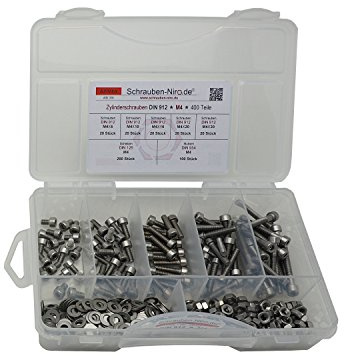 Sortiment DIN 912 M4 Edelstahl A4 400 Teile ; Zylinderkopfschrauben/Innensechskantschrauben, inc. Muttern DIN 934, Unterlegscheiben DIN 125, Material VA V4A