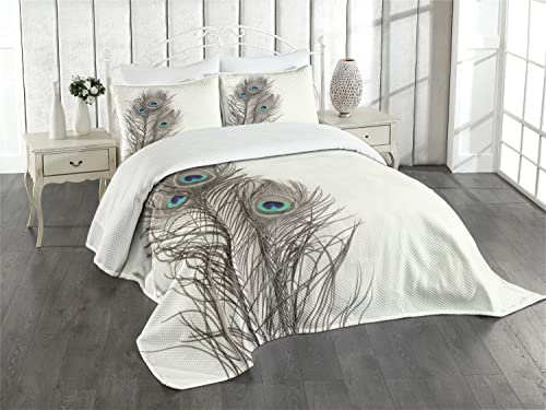 ABAKUHAUS Pfau Tagesdecke Set, Federn von Exotischer Vogel, Set mit Kissenbezug Mit Digitaldruck, für Einzelbetten 170 x 220 cm,Weißer Taupe und Blauer