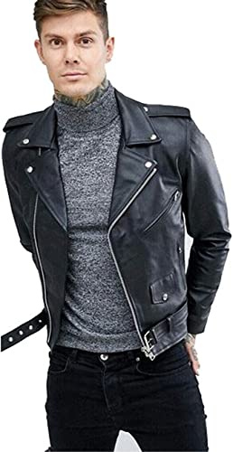 Lishow Fashion Men's Biker Rider Motorcycle Motorbike Rocker Retro Genuine Cowhide Leather jacket By Reclaimed Vintage (US, Alpha, X-Large, Regular, Regular, Black)