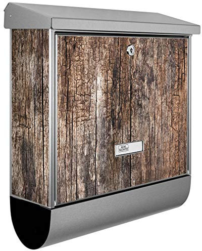 banjado® Burgwächter Briefkasten Edelstahl 38x39x12cm mit Motiv Altes Holz/Briefkasten Edelstahl ohne Zeitungsfach/Briefkasten grau/Postkasten inkl. Montagematerial & 2 Schlüsseln