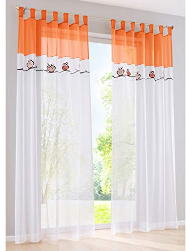 SIMPVALE 2er Set Gardinen mit Schlaufen Bestickt Niedliche Eule Durchscheinend Voile Vorhänge für Schlafzimmer Wohnzimmer Balkon, 140x145cm, Orange