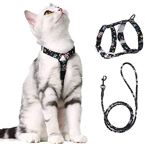 PETTOM Blumenmuster katzengeschirr mit Leine katzenleine mit Geschirr für Katzen mit Rundes Schlüsselband Ausbruchsicher Einstellbarer Brustgurt Geeignet für kleine und mittlere Katzen