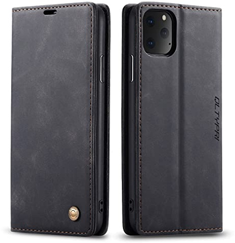 QLTYPRI Hülle für iPhone 11 Pro, Vintage Dünne Handyhülle mit Kartenfach Geld Slot Ständer PU Ledertasche TPU Bumper Wallet Case Flip Schutzhülle Kompatibel mit iPhone 11 Pro - Schwarz | Vintage PU Leder Hülle, Handyhülle mit 2 Kartenfächer, Standfunktion, Weicher TPU-Rahmen, Stoßfeste Flip Wallet Case