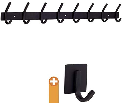 smartpeas Hakenleiste Wand-Garderobe Kleiderhaken Garderobenleiste - Schwarz - Rostfreier Gebürsteter Edelstahl – 8 Feste Haken Halten Bis 30K - Plus: 1 Selbstklebender Haken