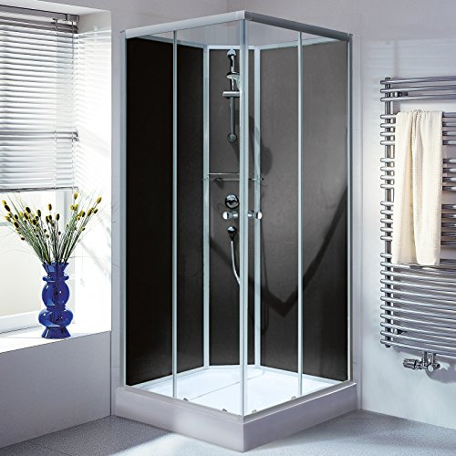 Schulte cabine de douche complète 90 x 90 x 200 cm (bac de douche inclus), profilé alu-argenté, portes coulissantes en noir, verre de sécurité