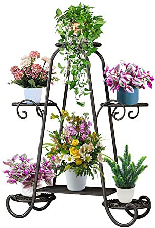 KOLENSA Supporto per piante a 6 livelli con vassoio rotondo per interni ed esterni, ripiano portavasi per piante multiple, espositore porta vasi per piante da giardino patio