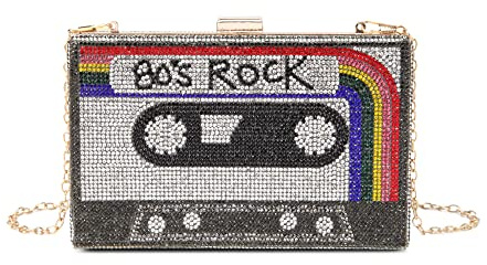 Renabro Damen Retro Radio-förmige Umhängetasche mit Strass, Metall und Vintage-Design – Abend-Clutch