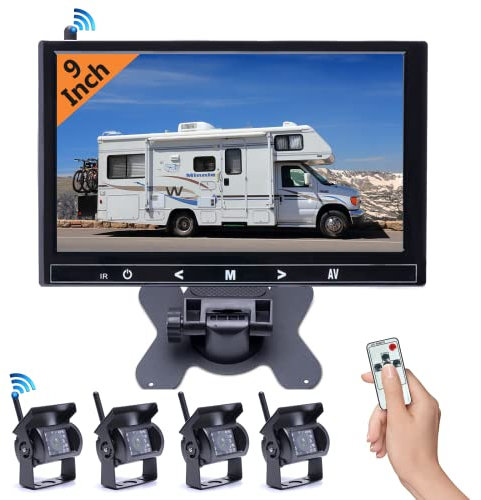 Hodozzy Rückfahrkamera Kabellos 4 Kameras 9 Zoll HD Monitor Wireless Rückfahrkamera Set, 18 IR-Nachtsicht wasserdichte RüCkfahrkamera Drahtlose 12V- 36V für Anhänger, Wohnmobil, Bus, LKW, PKW