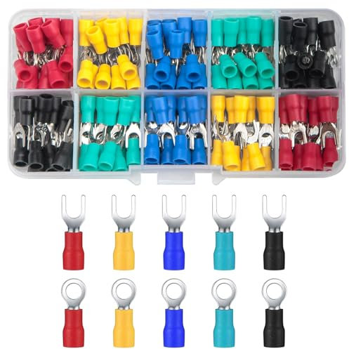 QOOSIKICC 200 Pcs Electrical Insulated Wire Connectors Kit, Wire Terminals Lug Set, Mixed Ring Spade Butt Forks Quick Disconnect Crimp Cable Terminals Connectors for Home Automotive Wiring (Five 200)