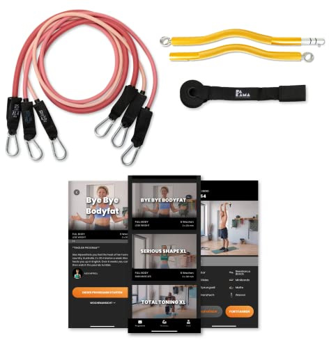 PAKAMA - Premium motståndsband set inklusive SZ-stång (bar) för hemträning och styrketräning hemma (rosa) - Motståndsband på 4,5 kg, 6,8 kg och 11,4 kg - fitnessband för upp till 100 kg motstånd
