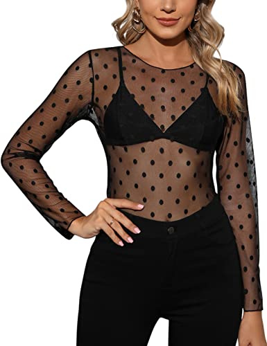 CMTOP Femme Hauts Transparents T-Shirt Rafraîchissantes Manches Longues Sexy Blouse Sheer Mesh Elastique Tops en Filet à Mailles Noir Tulle Tenue de Moulante pour Soirée Club D S