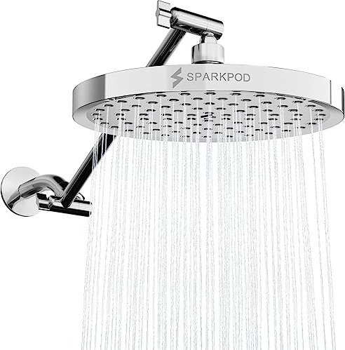 SparkPod Round Rain Shower Head with Extension Arm - Height Adjustable Shower Head with High Pressure Performance - Easy 1-Minute Installation (8 Round, Luxury Polished Chrome)