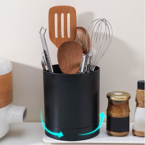 Tissting Küchenutensilienhalter Drehbar, 360° Utensilienhalter für Die Küchentheke Utensilienhalter Organizer Geschirr-Aufbewahrungsbehälte für Kochlöffel Löffel Essstäbchenhalter(Schwarz)