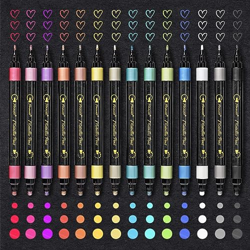 Hmeuest 14 Metallic Pens, Dual Tip Metallic Paint Pens for Black Paper, Scrapbook Accessories, Metallic Marker Pens for Rock Ceramic Glass, Art Supplies