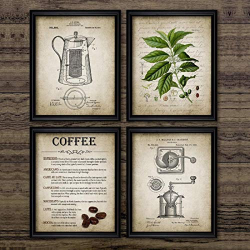 Rumlly Coffee Making Vintage Poster Print Coffee Percolator and Coffee Bean Wall Art Canvas Painting Coffee Picture Home Decor 45x60cmx4 Frameless