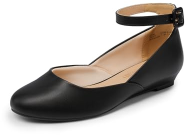 DREAM PAIRS Women's Dress Flats Ballet Low Wedge Round Toe Ankle Strap Comfortable Casual Flats Shoes, Revona，Black/PU-1,Size 8