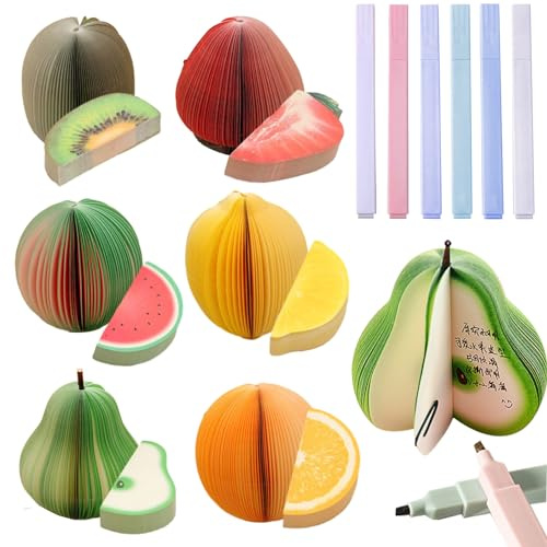 Counius 600 Foglietti Adesivi per Appunti e 6 Pcs Evidenziatori Pastello,6 a Forma di Frutta Note Adesive,Gadget Compleanno Bambini,per Appunti e Elenchi,Mini Block Notes Bambini Feste