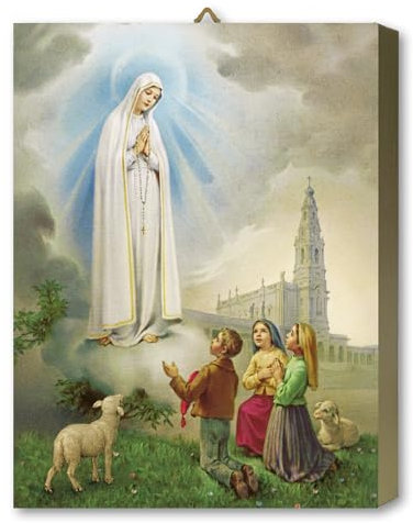 Fratelli Bonella | Tavola in nobilitato di rovere dorato raffigurante la Madonna di Fatima con i pargoletti 19.7 x 25 cm | Made in Italy
