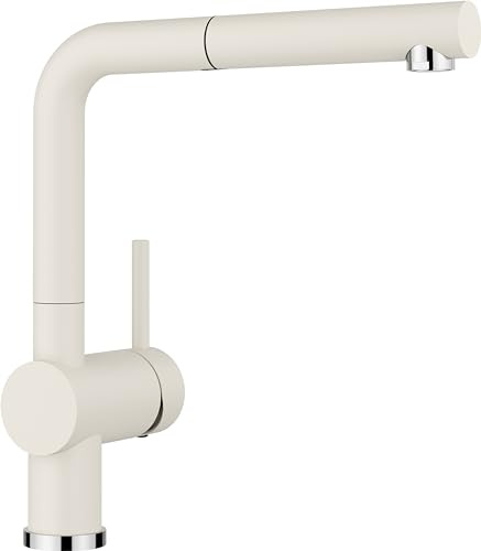 BLANCO LINUS-S | Küchenarmatur in softweiß | Mit herausziehbarem Schlauch | [11x26,6x28,2 cm] | Gesicherte Wasserqualität & wassersparend | Rückflussverhinderer | Keramik Kartusche | Hochdruck