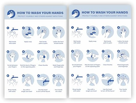 2 x How to Wash Your Hands Signs / 297x210mm (A4 x 2) Self-Adhesive Glossy and Wipeable Vinyl Hand Wash Signs for Restaurant/Hotel Kitchen/Health and Safety Signs for Kitchen and Bathroom