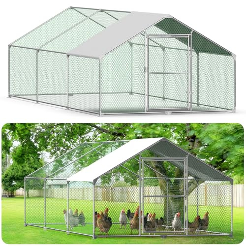 Kidsgigglz Freilaufgehege Hühnerstall，Hühnerkäfig mit Schloss、PVC-Beschichtetes Schatten Dach，Freigehege Aus Verzinktem Metall，Hühnergehege Voliere,Geflügelstall für Hühner Hasen Kleintiere，3X6M