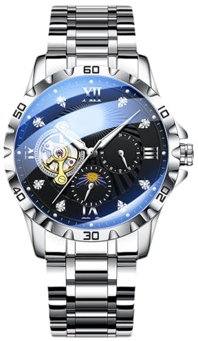 RORIOS Reloj Tourbillon Mecánico Reloj Multifuncional para Hombres Relojes de Pulsera Negocios Automático Reloj Elegante Correa de Acero Inoxidable Plata
