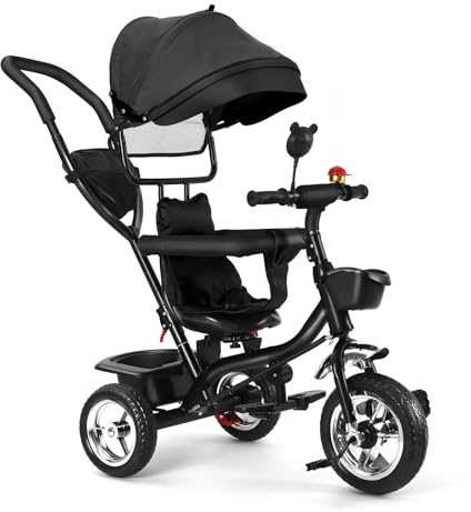 OHMG Dreirad mit Schubstange, 4 in 1 Laufrad ab 1 Jahre, Kinderdreirad Kombiniert Trolley und Ride Funktionen, mit Faltbar, Abnehmbar Sonnendach und Pedal für Kinder (schwarz)