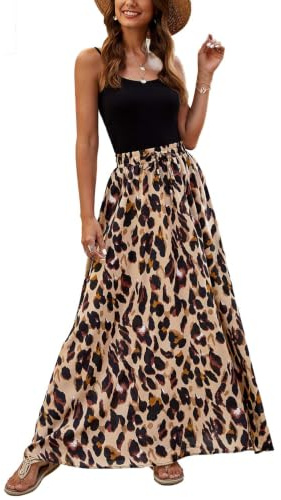 Hount Damen Rock Elastische Taille Maxirock Elegant Sommerrock Freizeitrock Lang Strandrock mit Kordelzug