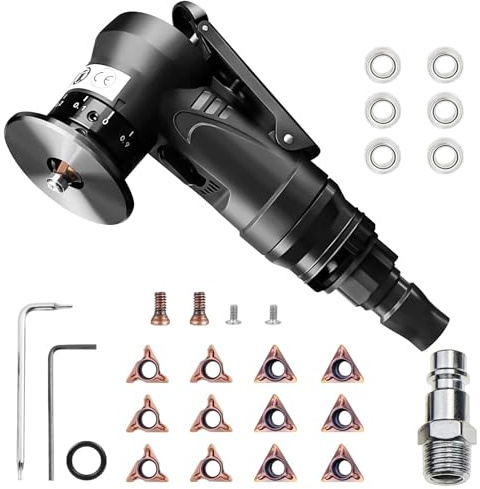 2-in-1 Pneumatische Anfasmaschine | Mini Luftfasenwerkzeug | Pneumatisches Anfaswerkzeug Bogenecke | 45 Grad kantenfräse für Metalltrimmen und Entgraten (6R+6CWinkeleinsätze+6 Lager)