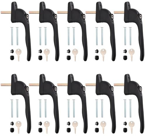 NTEK PVC Window Handles, Lockable Window Handle Inline Locking, Universal Handle UPVC Windows with Key Aluminum, Multi Spindles, for Indoor and Outdoor UPVC Window (10, Black)