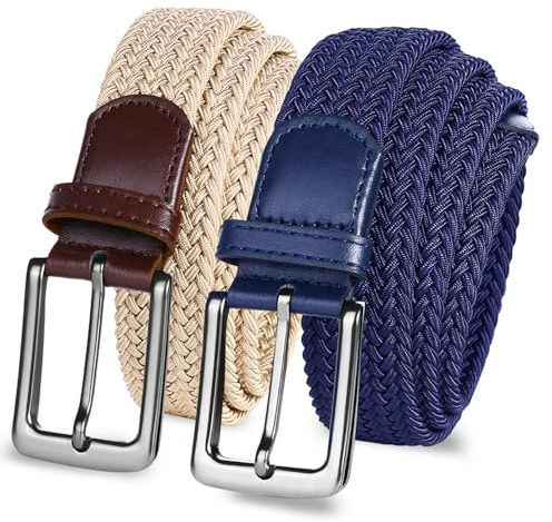 LOVMEAD Elastischer Gürtel Stretchgürtel Geflochten Herren Damen Wert 1 2 Stück, Golf Stoffgürtel Flechtgürtel Dehnbarer (2 Stück-Beige+Blau, 105cm/34’’-38’’ für Taillengröße)