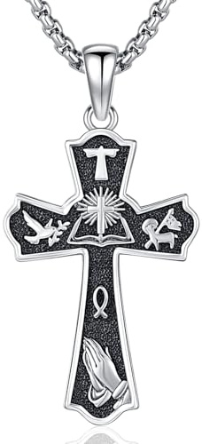 Friggem Kreuz Halskette für Herren Damen, 925 Sterling Silber Kruzifix Kreuz Anhänger Halskette mit Edelstahl Kette Christlicher Schmuck Amulette Geschenke für Männer