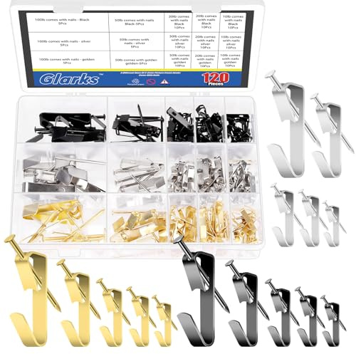 Glarks 120 ganci per appendere foto da 4,5 kg/9,1 kg/13,6 kg/22,7 kg/45,4 kg con kit di chiodi, kit per appendere foto, quadri, pittura, arte, foto