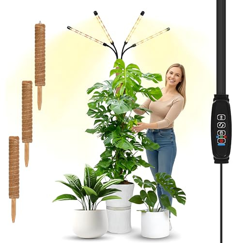 Grow Lights with Moss Pole for Indoor Plants, Full Spectrum LED Plant Light with Auto 3/9/12H Timer, Adjustable Height 15-54, Plant Lights Coco Coir Pole for Monstera, Philodendron, Climbing Plants
