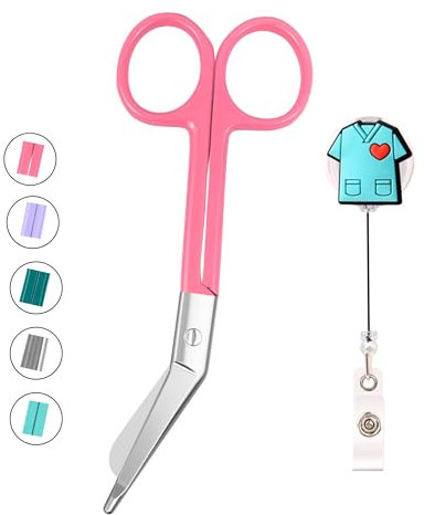 YUME Forbici Infermiere + Portachiavi retrattile regalo | Forbici Infermiera per Bendaggio | Forbici infermiera Curve, Punta Arrotondata (ROSA)
