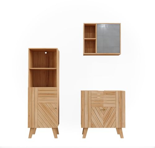 Vicco Badmöbel-Set Lucie, Bambus, 60 cm, besteht aus Waschbeckenunterschrank, Spiegelschrank und Midischrank