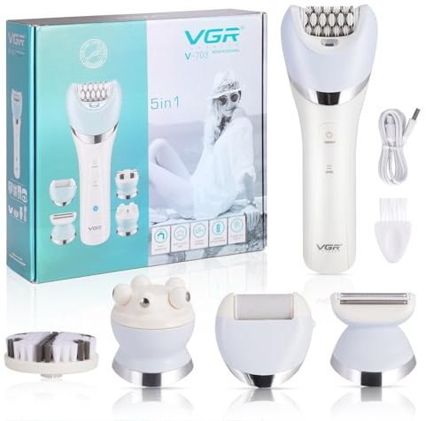 Rasoio Elettrico Donna, 5 in 1 Epilatore Viso Donna Femminile con 2 Velocità, Ricaricabile USB, Epilatore per le Gambe e Corpo, Depilatore Corpo Donna con Esfoliante, Pulizia e Massaggio del Viso