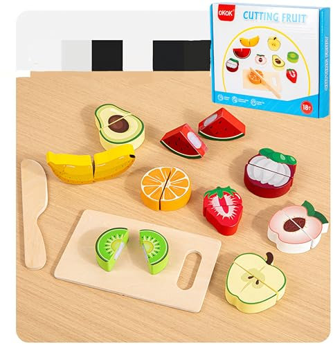 Kibi - Jeu de 4 thèmes de coupe en bois - Dessert, fruits et légumes - Pour enfants - 3 ans - Jouet de cuisine pour enfants - Ensemble de cuisine en bois à couper - Jouet