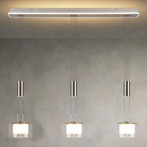 PIOUTNF Pendelleuchte Esstisch mit 3 Flammig, Hängeleuchte Küche Höhenverstellbar, Modern LED Hängelampe Glas, Esstischlampe Hängend mit Fernbedienung, für Kücheninsel, über Esstisch