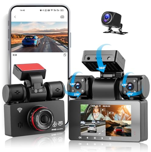 2K Dash Cam Auto 360 Gradi Dashcam 4 Canali, 3 Pollici Telecamera per Auto con Controllo APP, IR Visione Notturna, Registrazione Loop, G-Sensor, Assistente di parcheggio, Monitoraggio Parcheggio 24H
