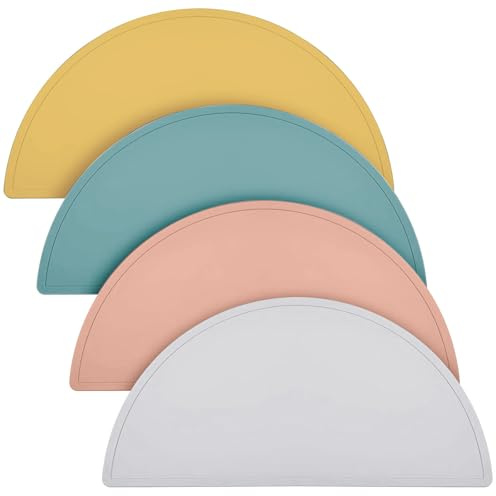 4 Stück Silikon Platzsets - 46x23 cm Silikonmatte Esstisch Unterlage, Kinder Platzset, rutschfeste, Abwaschbar Halbkreis-Design, Multifunktionales Silikon Unterlage für Platzset Basteln Tischmatte