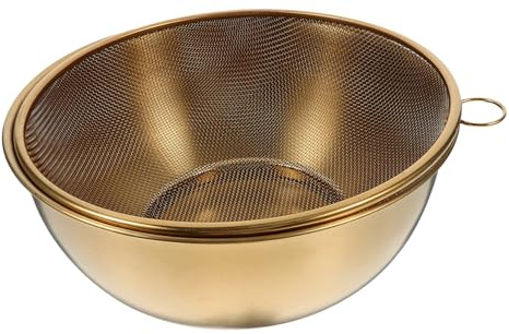 Healifty Stainless Steel Rice Strainer with Fine Mesh Drainage Basket and Washing Bowl Gold Colored Food Strainer for Vegetables Fruits and Rice Smooth Edges Safe Kitchen Colander for Fast